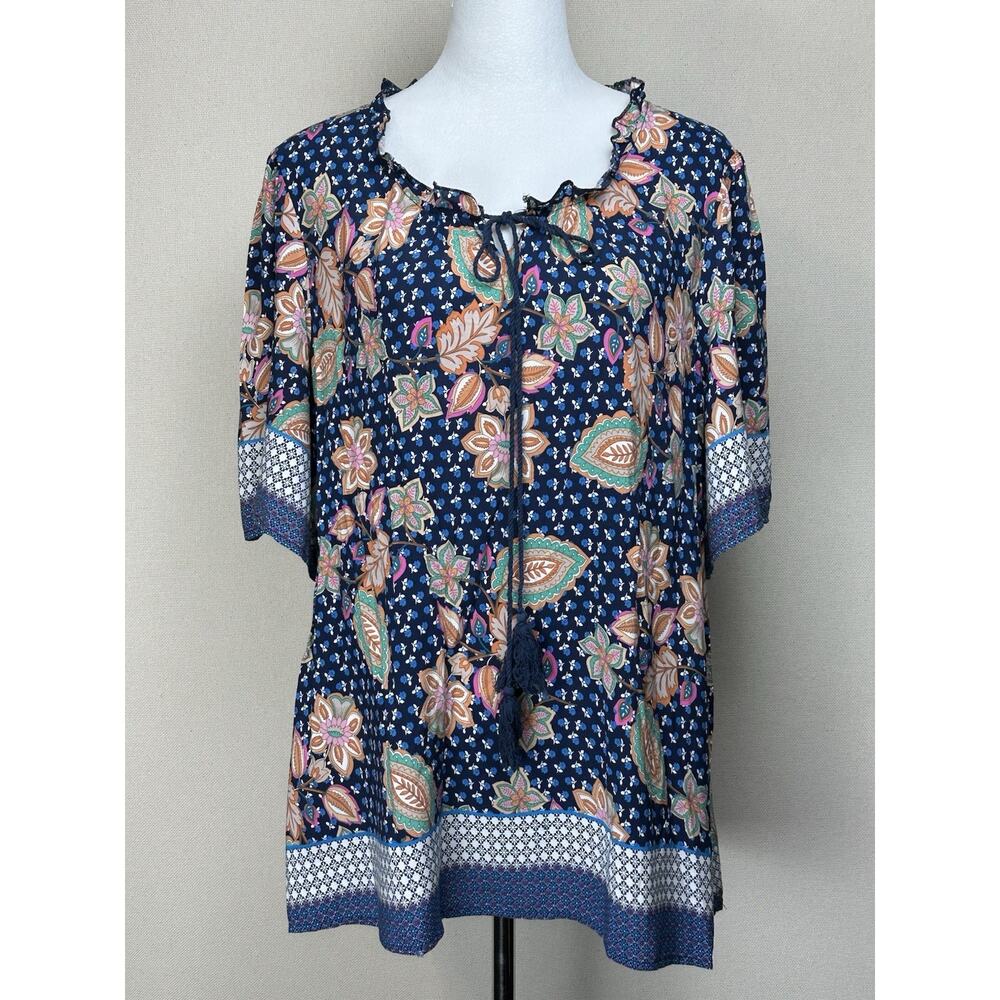 Weekend Suzanne Betro Blue Floral Peasant Boho Top Size 2X Boho Hippie